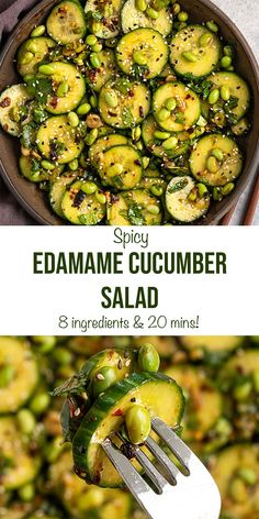 the side by side image shows an eggplant and cucumber salad in a skillet