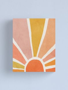 the sun is shining brightly on an orange and yellow background canvas mounted to a wall