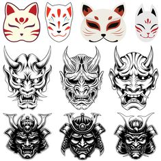 Omni Mask Tattoo Design, Traditional Japanese Mask Tattoo, Japanese Samurai Mask Tattoo, Japan Mask Tattoo, Japanese Mask Art, Hannya Mask Tattoo Design, Japanese Masks, Oni Mask Tattoo Design Ideas, Samurai Mask