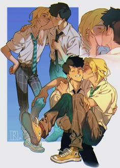 two young men and one older man are kissing in front of an image of the same person