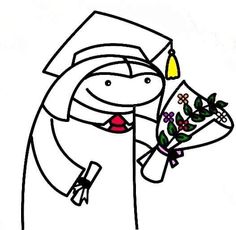 a drawing of a woman holding flowers in her right hand and wearing a graduation cap