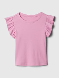 Soft cotton T-shirt.  Crewneck.  Short ruffle sleeves.  Straight, easy fit.  Hits at the hip.  Sizes range from baby to toddler. Cotton Ruffle T-shirt With Flutter Sleeves, Cotton T-shirt With Ruffles And Flutter Sleeves, Casual Gap Tops With Flutter Sleeves, Spring Cotton Short Sleeve Top With Ruffle Sleeves, Solid Color T-shirt With Ruffle Sleeves For Spring, Gap Casual Tops With Flutter Sleeves, Gap Ruffled Tops For Summer, Gap Tops For Spring, Summer Ruffled Tops By Gap