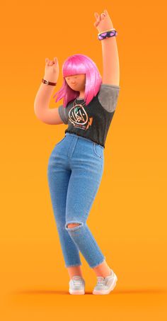 a woman with pink hair and blue jeans is standing in front of an orange background