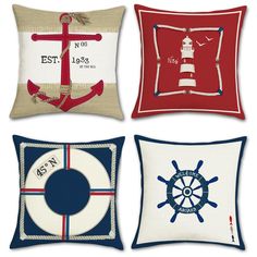 four pillows with different designs on them and one has an anchor, the other is a boat