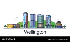 a city skyline with buildings and trees in the background texting wellington is written below