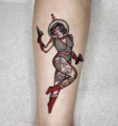 American Traditional Lady Tattoo, Pinup Astronaut, Space Girl Tattoo, Traditional Tattoo Pin Up Girl, Traditional Tattoo Pin Up, Circus Tattoo, Traditional Black Tattoo, Cowgirl Tattoos