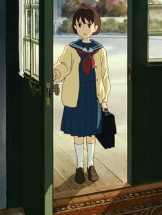 an anime character is standing in front of a door and holding a suitcase while wearing a sailor's outfit