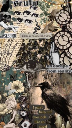 altered collage with birds, flowers and words