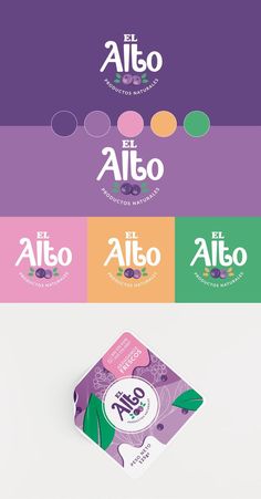 the brand identity for allo is shown in three different colors and font styles, including purple