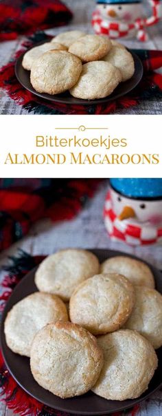 some cookies are on a plate with the words butter kekes and almond macaroons