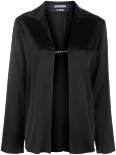 Notte logo plaque blouse from Jacquemus featuring black, stretch-cotton, V-neck, logo plaque and long sleeves. Stone Island Clothing, Valentino Clothing, Black Shirts Women, Occasion Shoes, Satin Shirt, Tshirt Skirt, Knitting Accessories, Jacket Sale, Black Stretch