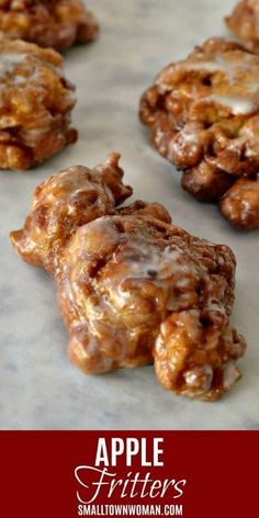 apple fritters on a baking sheet with text overlay