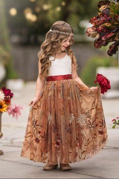 Sleeveless Floral Embroidered Burnt Orange Flower Girl Dress - The Little Kitten Boutique Orange Flower Girl Dress, Orange Flower Girl, Fall Flower Girl, Fall Flower Girl Dresses, Flower Wreath Hair, Boho Style Wedding Dress, Sleeveless Flower Girl Dresses, Girls Fall Dresses, Long Flower Girl Dresses