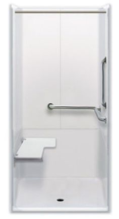 a white shower with a hand rail and toilet paper dispenser on the side