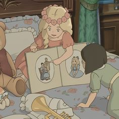 two children are playing with stuffed animals on a bed in a cartoon style room, while another child is looking at the teddy bear