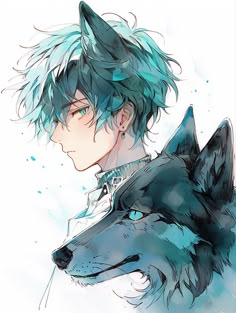 a drawing of a man with blue hair and a wolf's head in front of him