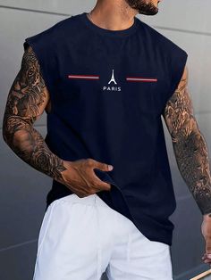 Azul Marinho Casual Collar Sem Mangas Tecido de malha Letra  Embellished Elasticidade Baixa Round Neck Tops, Eiffel Tower, Tower, Mens Outfits, Collar, Mens Tops