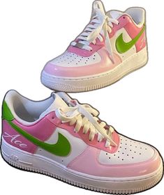 Custom Pink Leather Sneakers, Custom High-top Sneakers With Rubber Sole, Pink Leather Custom Sneakers, Custom Low-top Sneakers With Rubber Sole, Custom Lace-up Sneakers With White Sole, Customized Round Toe Sneakers For Streetwear, Customizable Leather Lace-up Sneakers, Custom Green High-top Sneakers, Custom Green Lace-up Sneakers