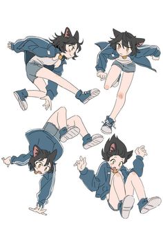 four different poses of an anime character in various positions, including the cat's head and