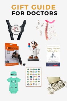 A collection of doctor-themed gifts including a personalized stethoscope tag, stethoscope charm, scanmarker pen, Mario doctor office gift, anatomy book, baby bodysuit, brain art poster, and anatomy magnet set.