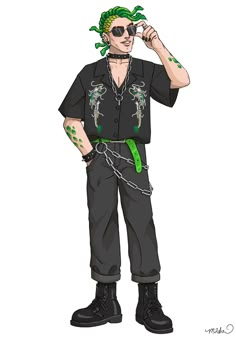 a drawing of a man with green hair wearing sunglasses and a chain around his neck