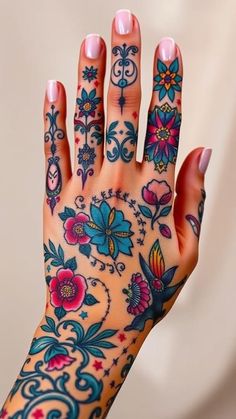 Neotraditional Hand Tattoo, Hand Tattoo Flower, Feminine Hand Tattoos, Handshake Tattoo, Victorian Style Tattoos, Unique Hand Tattoos, Hand Tattoo Designs, Finger Tattoo For Women