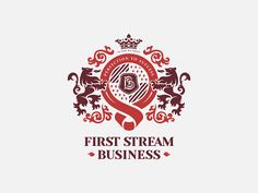 the first stream business logo is shown in red and white, with an ornate frame around it