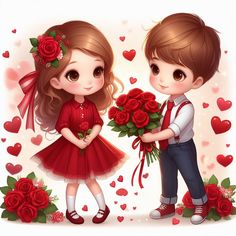 a boy and girl are holding roses in front of hearts on a valentine's day