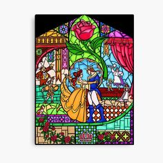 a stained glass window depicting the beauty and the beast in disney's beauty and the beast