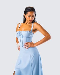 Feeling blue has never looked so cute 😌 With its dreamy hue and flowy silhouette, this dress featuring corset boning, a lace-up back, and a tie at the center bust is full of whimsy 💙 Blue Summer Corset Dress With Boned Bodice, Blue Dress With Boned Bodice And Sweetheart Neckline, Mini Dress With Sweetheart Neckline And Tie Back, Blue Corset Back Dress, Blue Corset Dress With Boned Bodice, Spring Blue Corset Dress With Boned Bodice, Blue Corset Dress With Sweetheart Neckline For Spring, Blue Flirty Dress With Tie Back, Blue Boned Bodice Corset Dress For Spring