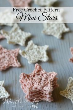 crochet star pattern with text overlay that says free crochet pattern mini stars