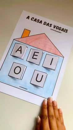 a hand holding up a piece of paper with words in front of it that spell out the word house