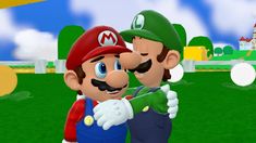 mario and luigi are hugging each other in front of a castle