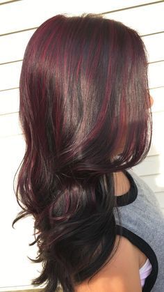 Black N Purple Hair, Red And Purple Highlights On Dark Hair, Chunky Black Highlights, Dark Pink And Black Hair, Chunky Highlights Dark Hair, Chunky Streaks Hair, Chunky Highlights On Dark Hair, Dark Red Hair With Pink Highlights, Dark Purple Hair With Highlights