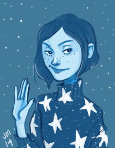 a drawing of a girl with stars on her shirt and hands up in the air