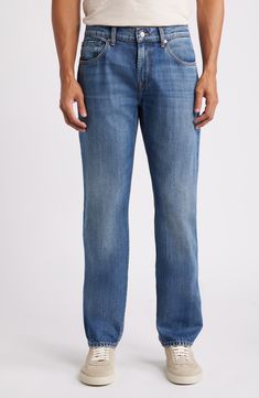 Deep sanding and artistic whiskering lend detail to these relaxed straight-leg jeans cut from low-stretch denim and perfect for weekend wear. 33" inseam; 15 1/2" leg opening; 10 1/2" front rise Zip fly with button closure Five-pocket style 60% cotton, 40% lyocell Machine wash, dry flat Imported Non-stretch Cotton Jeans With Side Pockets, Non-stretch Denim Blue Jeans With Five Pockets, Seven For All Mankind Jeans, Versatile Five-pocket Denim Jeans, Non-stretch Medium Wash Jeans With Five Pockets, Straight Cut, Weekend Wear, 7 For All Mankind, Nordstrom Store