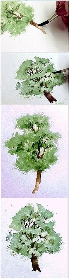 the process of painting a tree with watercolors is shown in three different stages