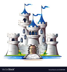 a castle with towers and flags on a white background