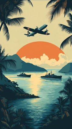 an airplane is flying over the ocean with palm trees and boats in the water at sunset