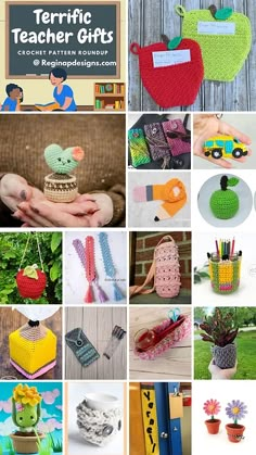 there are many crocheted items in this collage