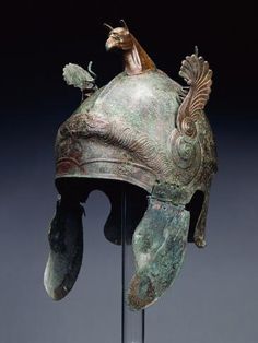 an old helmet with a horse on it