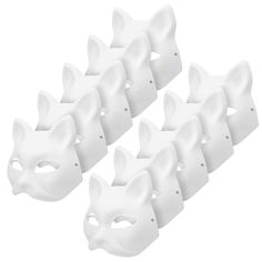 six white cat masks are lined up in a row