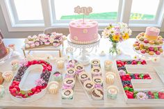 a table topped with lots of cakes and desserts