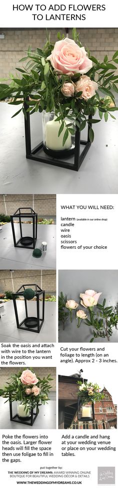 the instructions for how to make a flower centerpiece with candles and flowers in it