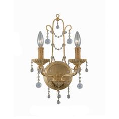 an antique style wall light with crystal drops and two lights on each side, in gold