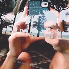 a person taking a photo with their cell phone in front of palm trees and the ocean