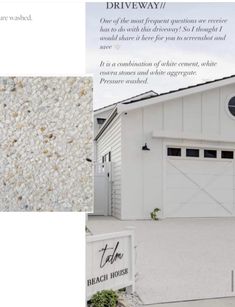 a white garage with gravel on the side and an advertisement for beach house