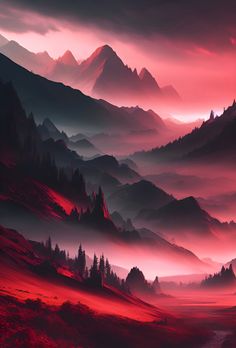 the mountains are covered in red and purple hazes as the sun sets over them