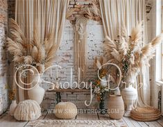 White Brick Boho Room with Flowers and Pampas Fine Art Fabric Backdrop-Fabric Photography Backdrop-Snobby Drops Fabric Backdrops for Photography, Exclusive Designs by Tara Mapes Photography, Enchanted Eye Creations by Tara Mapes, photography backgrounds, photography backdrops, fast shipping, US backdrops, cheap photography backdrops Pampas Fabric, Room With Flowers, Flowers And Pampas, Room Backdrop, Cake Smash Backdrop, Fabric Photography, Studio Backdrops, Christmas Backdrops, Boho Room