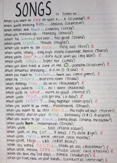 a piece of paper with writing on it that says,'songs'in different languages